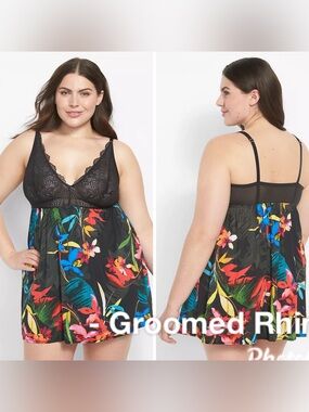Cacique Tropical Bloom Black Lace Babydoll Chemise Size 18/20